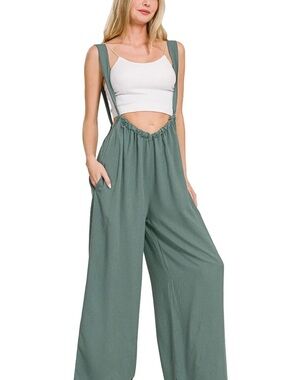 Wide Leg Suspender Pants in Sage Green
